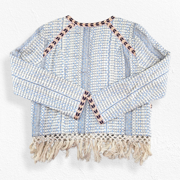 Tularosa Blue White Woven Embroidered Boho Fringe Jacket Open Blazer Size Medium - Picture 11 of 11